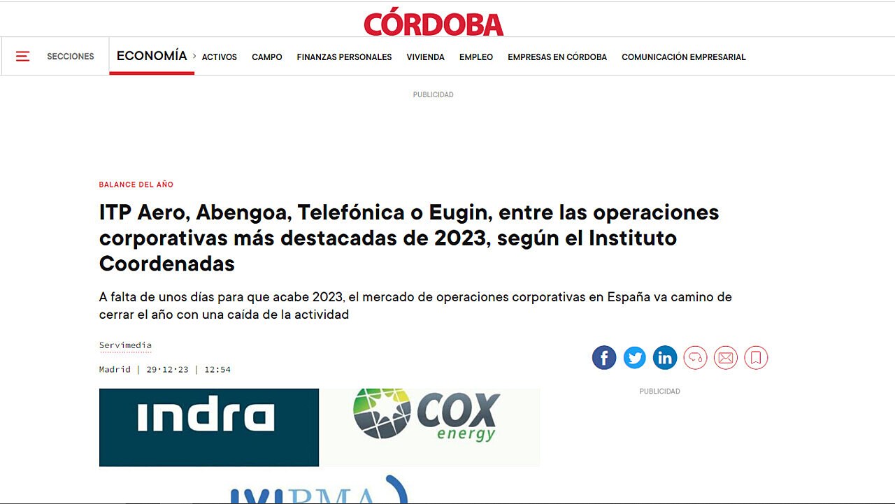 ITP Aero, Abengoa, Telefnica o Eugin, entre las operaciones corporativas ms destacadas de 2023, segn el Instituto Coordenadas